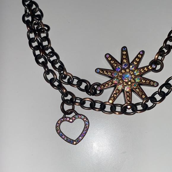 KEPT 😛 VINTAGE BRONZE TONE HEART STAR FAUX CRYSTAL CHUNKY CHAIN NECKLACE - Picture 4 of 8